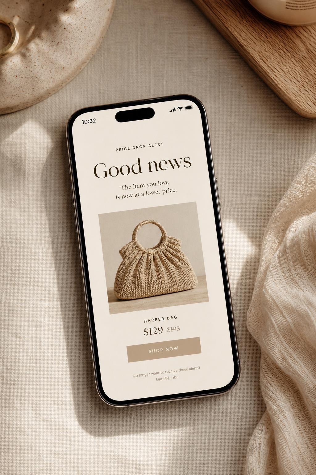 iPhone showing a refined MUSE price-drop notification on a warm linen surface
